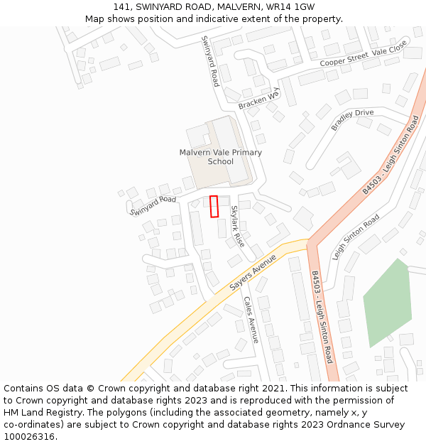 141, SWINYARD ROAD, MALVERN, WR14 1GW: Location map and indicative extent of plot