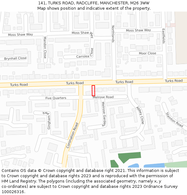 141, TURKS ROAD, RADCLIFFE, MANCHESTER, M26 3WW: Location map and indicative extent of plot