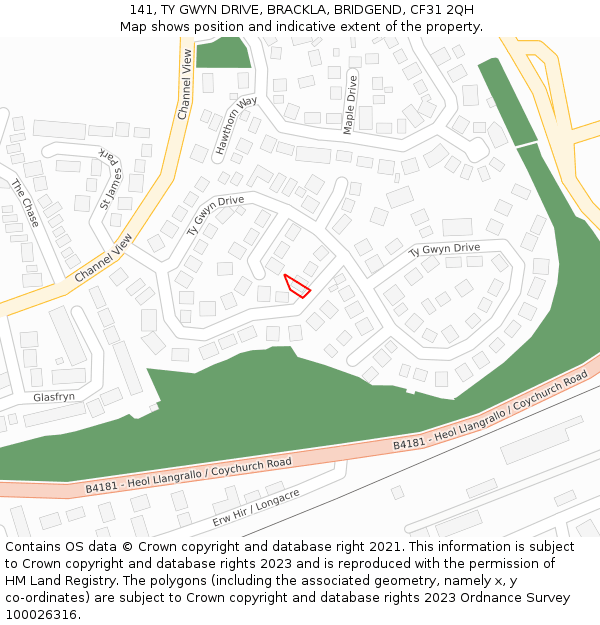 141, TY GWYN DRIVE, BRACKLA, BRIDGEND, CF31 2QH: Location map and indicative extent of plot