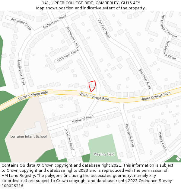141, UPPER COLLEGE RIDE, CAMBERLEY, GU15 4EY: Location map and indicative extent of plot