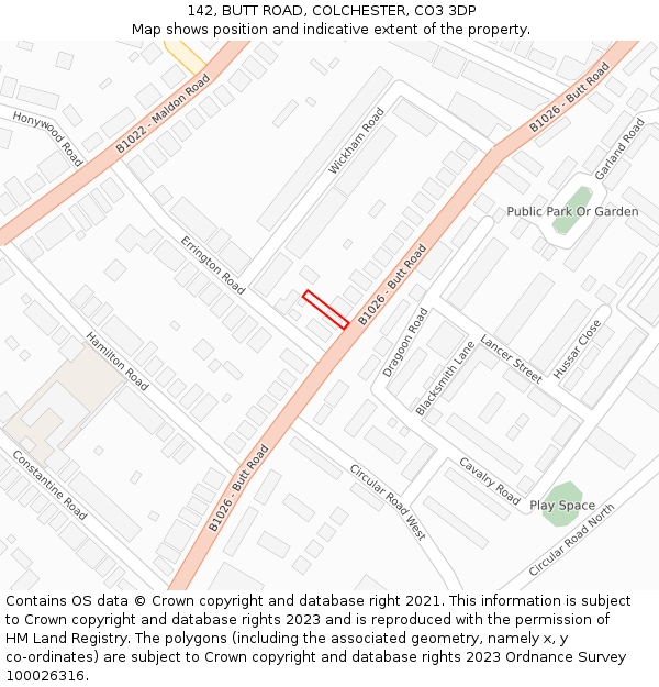 142, BUTT ROAD, COLCHESTER, CO3 3DP: Location map and indicative extent of plot