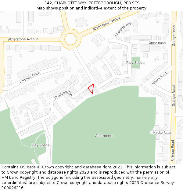 142, CHARLOTTE WAY, PETERBOROUGH, PE3 9ES: Location map and indicative extent of plot