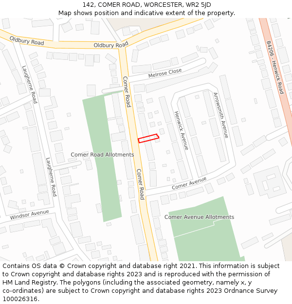 142, COMER ROAD, WORCESTER, WR2 5JD: Location map and indicative extent of plot