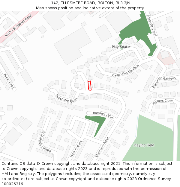 142, ELLESMERE ROAD, BOLTON, BL3 3JN: Location map and indicative extent of plot