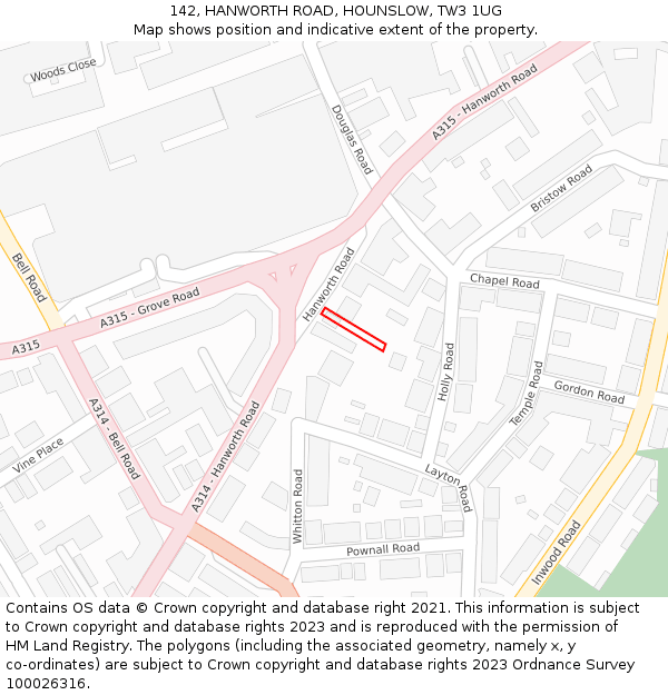 142, HANWORTH ROAD, HOUNSLOW, TW3 1UG: Location map and indicative extent of plot