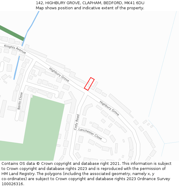 142, HIGHBURY GROVE, CLAPHAM, BEDFORD, MK41 6DU: Location map and indicative extent of plot