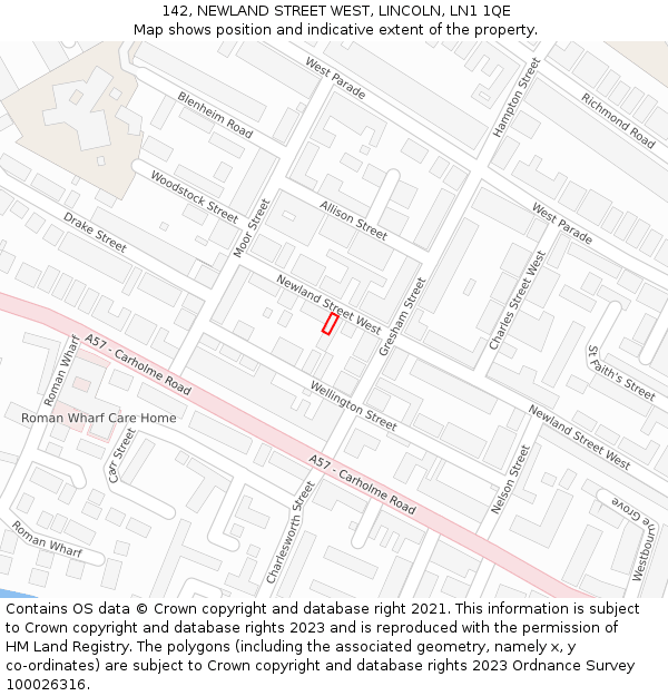 142, NEWLAND STREET WEST, LINCOLN, LN1 1QE: Location map and indicative extent of plot