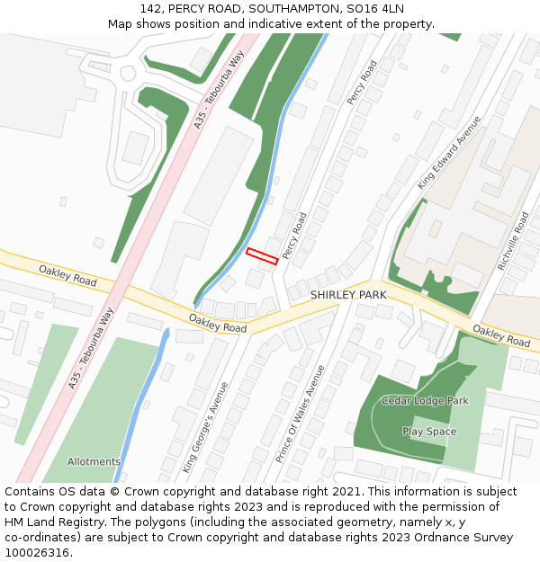142, PERCY ROAD, SOUTHAMPTON, SO16 4LN: Location map and indicative extent of plot