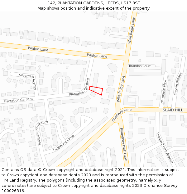 142, PLANTATION GARDENS, LEEDS, LS17 8ST: Location map and indicative extent of plot