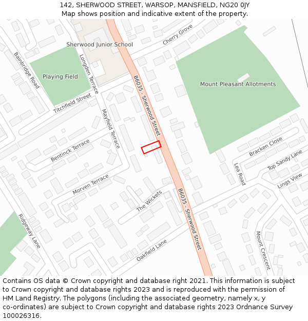 142, SHERWOOD STREET, WARSOP, MANSFIELD, NG20 0JY: Location map and indicative extent of plot
