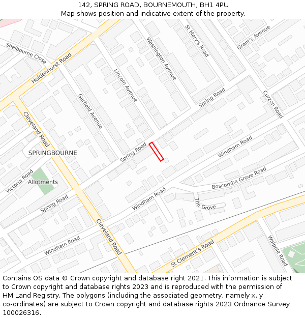 142, SPRING ROAD, BOURNEMOUTH, BH1 4PU: Location map and indicative extent of plot
