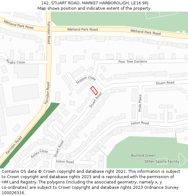 142, STUART ROAD, MARKET HARBOROUGH, LE16 9PJ: Location map and indicative extent of plot
