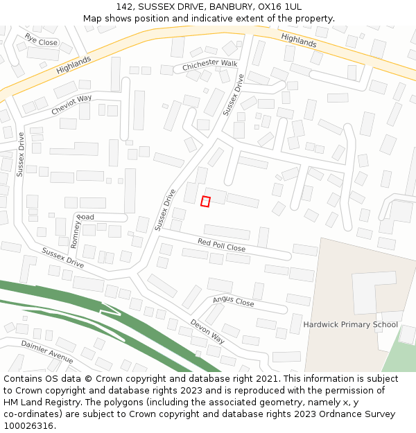 142, SUSSEX DRIVE, BANBURY, OX16 1UL: Location map and indicative extent of plot