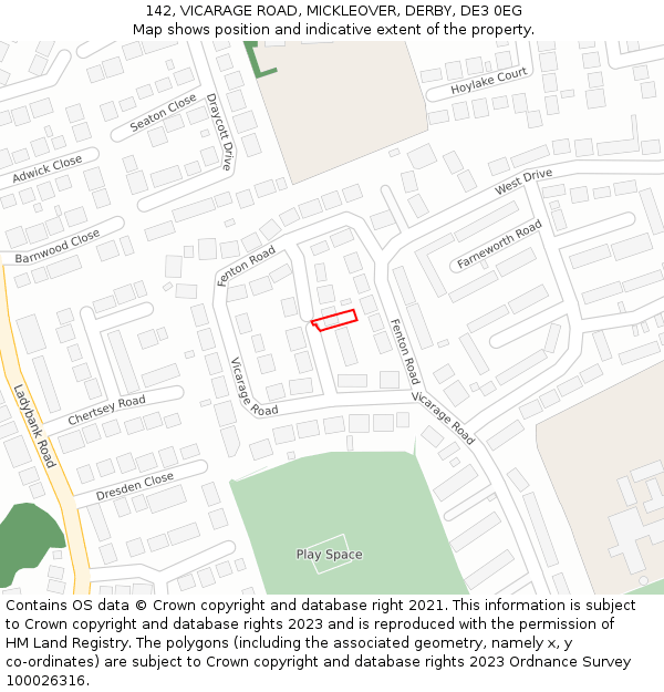 142, VICARAGE ROAD, MICKLEOVER, DERBY, DE3 0EG: Location map and indicative extent of plot