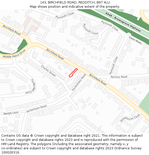 143, BIRCHFIELD ROAD, REDDITCH, B97 4LU: Location map and indicative extent of plot