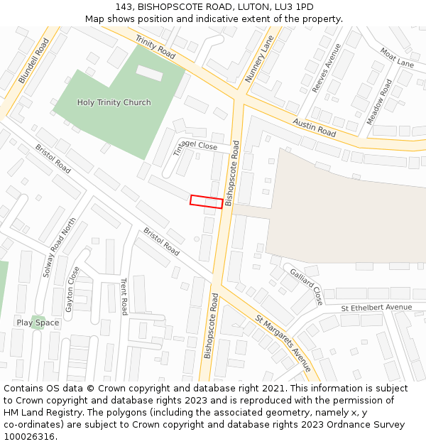 143, BISHOPSCOTE ROAD, LUTON, LU3 1PD: Location map and indicative extent of plot