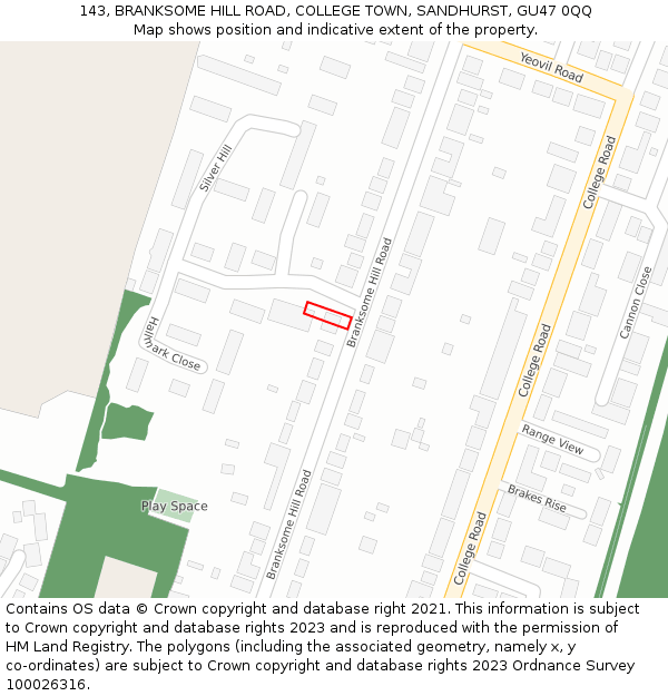 143, BRANKSOME HILL ROAD, COLLEGE TOWN, SANDHURST, GU47 0QQ: Location map and indicative extent of plot