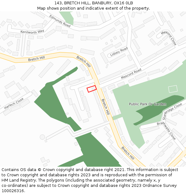 143, BRETCH HILL, BANBURY, OX16 0LB: Location map and indicative extent of plot