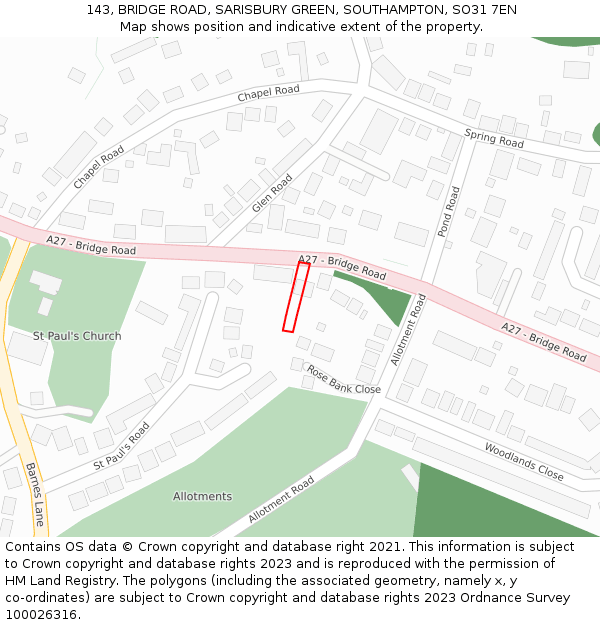 143, BRIDGE ROAD, SARISBURY GREEN, SOUTHAMPTON, SO31 7EN: Location map and indicative extent of plot