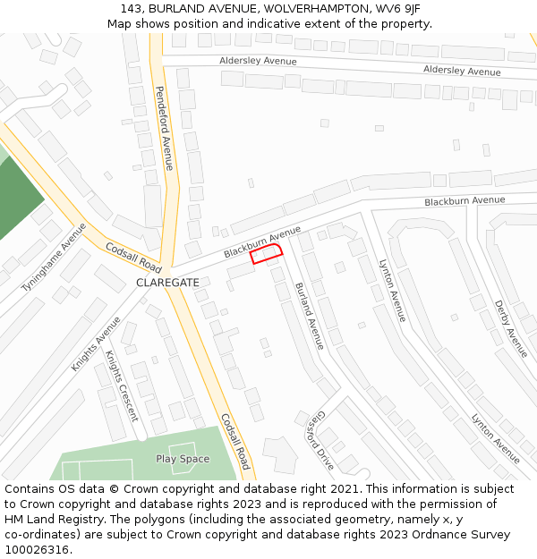 143, BURLAND AVENUE, WOLVERHAMPTON, WV6 9JF: Location map and indicative extent of plot