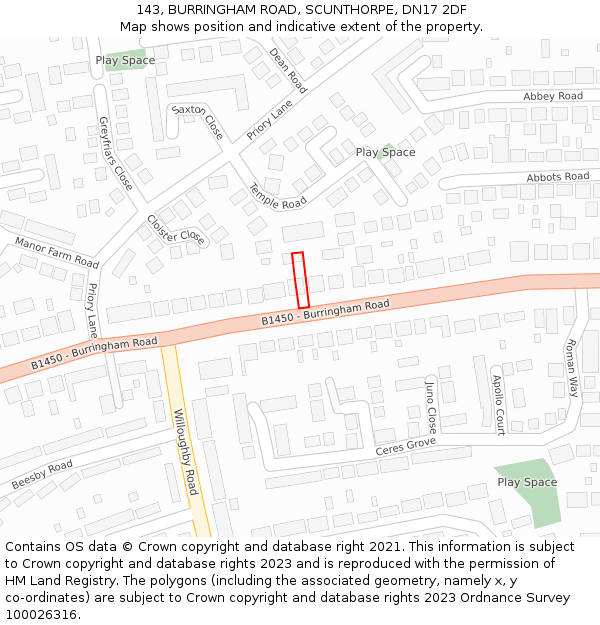 143, BURRINGHAM ROAD, SCUNTHORPE, DN17 2DF: Location map and indicative extent of plot