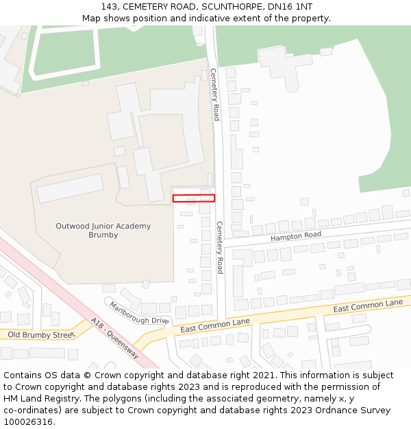 143, CEMETERY ROAD, SCUNTHORPE, DN16 1NT: Location map and indicative extent of plot