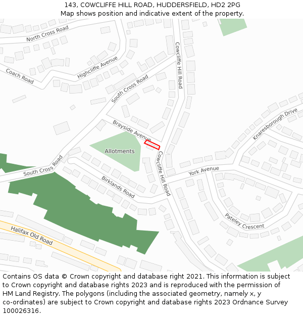 143, COWCLIFFE HILL ROAD, HUDDERSFIELD, HD2 2PG: Location map and indicative extent of plot
