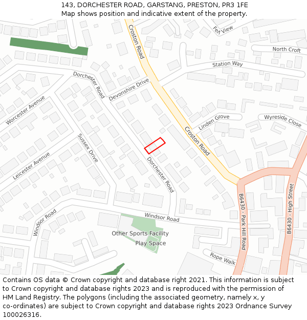 143, DORCHESTER ROAD, GARSTANG, PRESTON, PR3 1FE: Location map and indicative extent of plot