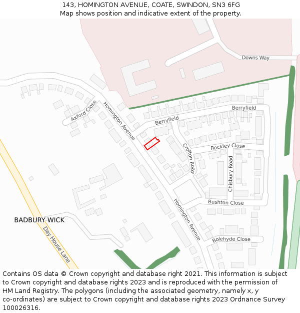 143, HOMINGTON AVENUE, COATE, SWINDON, SN3 6FG: Location map and indicative extent of plot