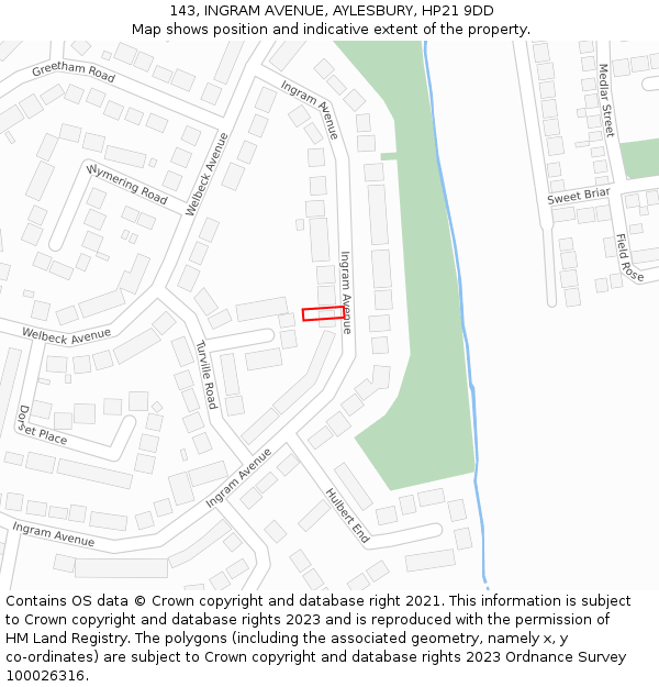 143, INGRAM AVENUE, AYLESBURY, HP21 9DD: Location map and indicative extent of plot