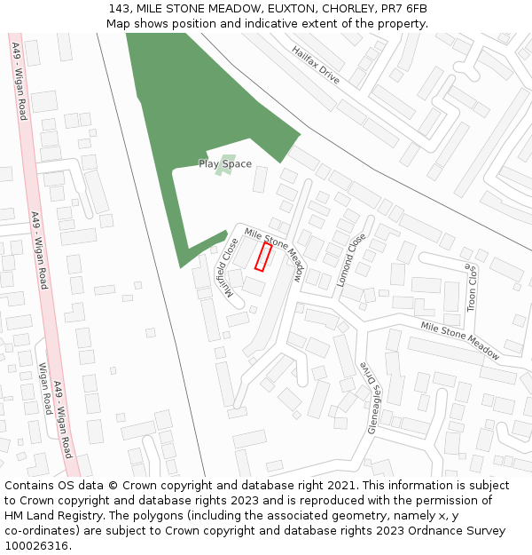 143, MILE STONE MEADOW, EUXTON, CHORLEY, PR7 6FB: Location map and indicative extent of plot
