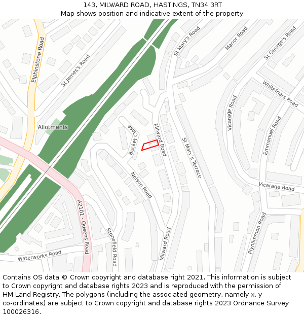 143, MILWARD ROAD, HASTINGS, TN34 3RT: Location map and indicative extent of plot
