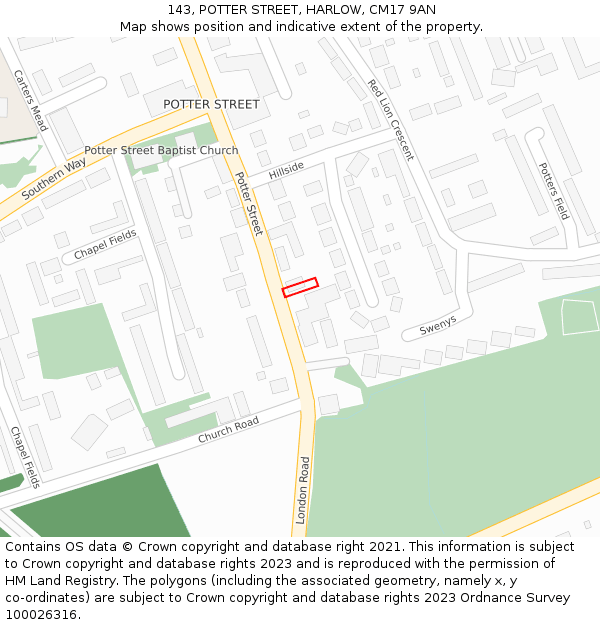 143, POTTER STREET, HARLOW, CM17 9AN: Location map and indicative extent of plot
