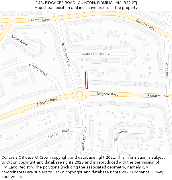 143, RIDGACRE ROAD, QUINTON, BIRMINGHAM, B32 2TJ: Location map and indicative extent of plot