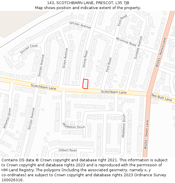 143, SCOTCHBARN LANE, PRESCOT, L35 7JB: Location map and indicative extent of plot
