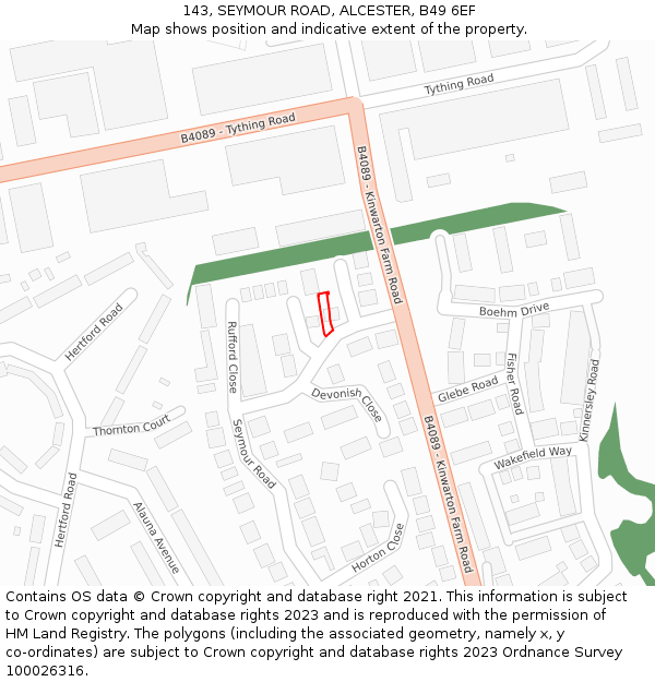 143, SEYMOUR ROAD, ALCESTER, B49 6EF: Location map and indicative extent of plot