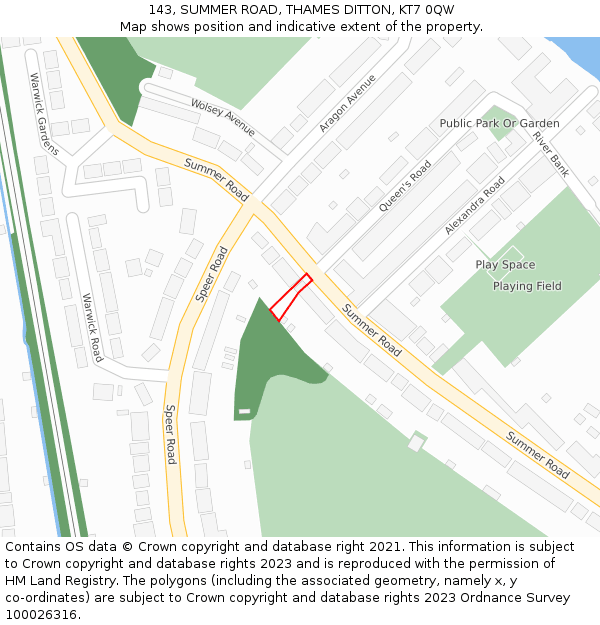 143, SUMMER ROAD, THAMES DITTON, KT7 0QW: Location map and indicative extent of plot