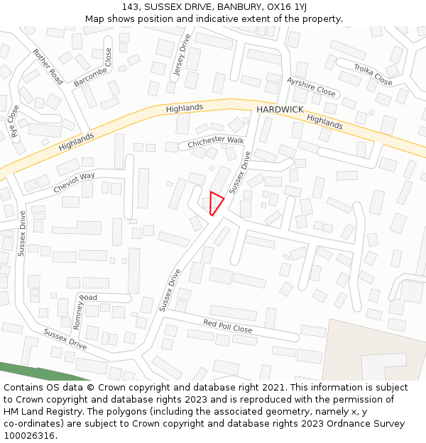 143, SUSSEX DRIVE, BANBURY, OX16 1YJ: Location map and indicative extent of plot
