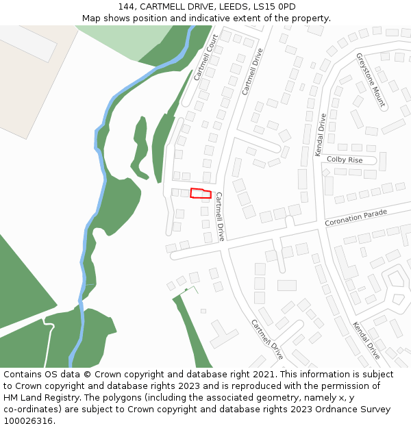 144, CARTMELL DRIVE, LEEDS, LS15 0PD: Location map and indicative extent of plot