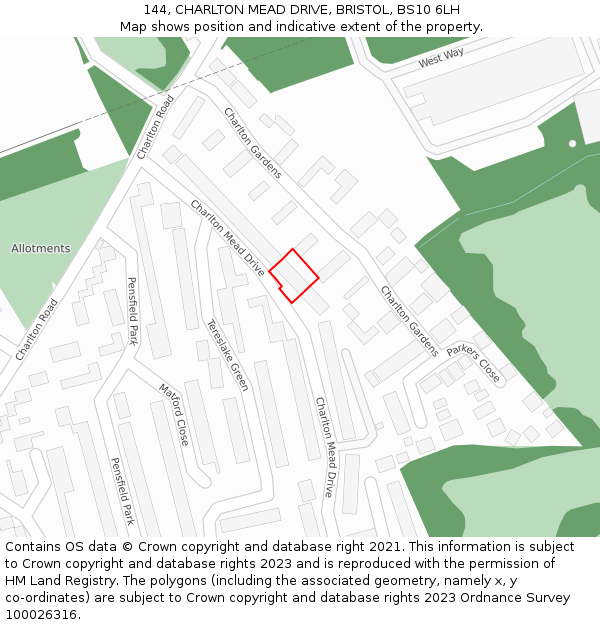 144, CHARLTON MEAD DRIVE, BRISTOL, BS10 6LH: Location map and indicative extent of plot
