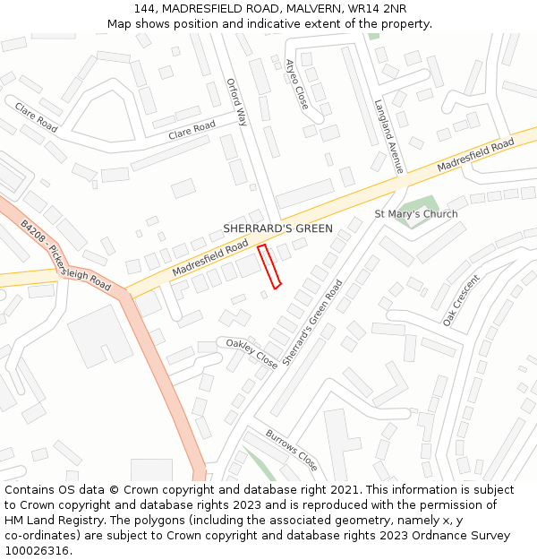 144, MADRESFIELD ROAD, MALVERN, WR14 2NR: Location map and indicative extent of plot