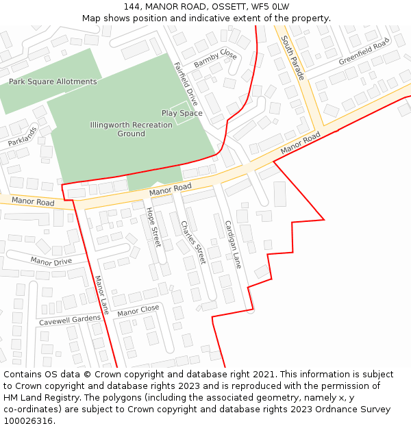 144, MANOR ROAD, OSSETT, WF5 0LW: Location map and indicative extent of plot