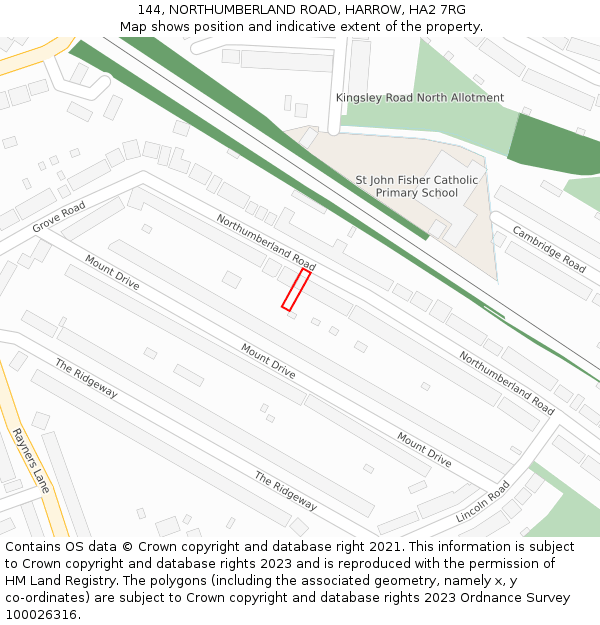 144, NORTHUMBERLAND ROAD, HARROW, HA2 7RG: Location map and indicative extent of plot