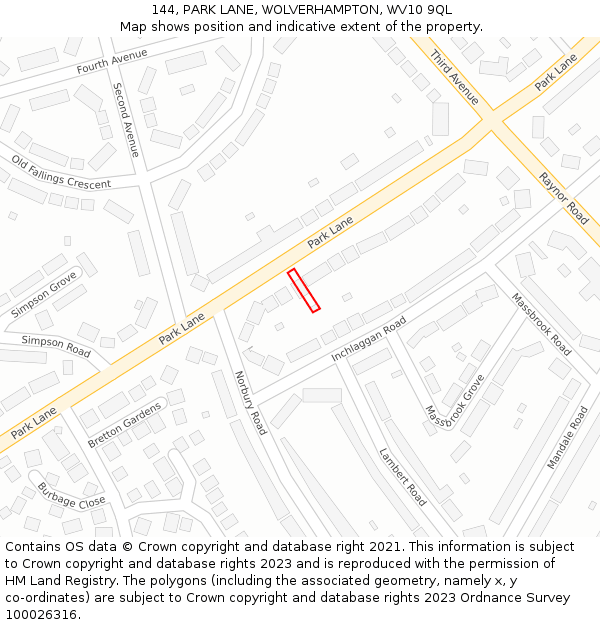 144, PARK LANE, WOLVERHAMPTON, WV10 9QL: Location map and indicative extent of plot