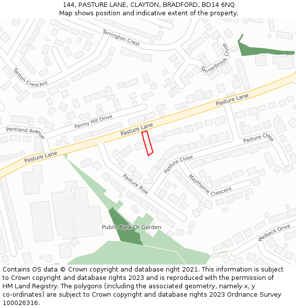 144, PASTURE LANE, CLAYTON, BRADFORD, BD14 6NQ: Location map and indicative extent of plot