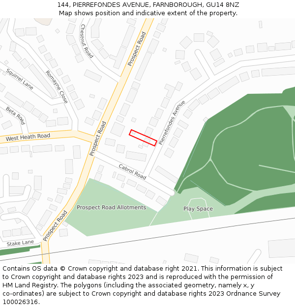 144, PIERREFONDES AVENUE, FARNBOROUGH, GU14 8NZ: Location map and indicative extent of plot