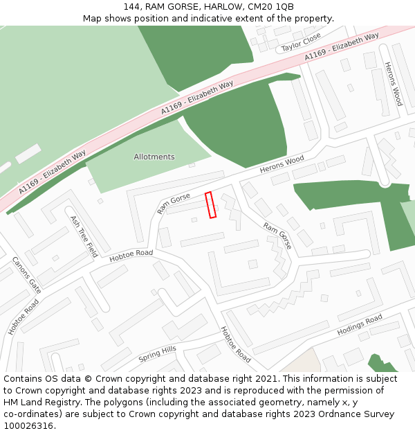 144, RAM GORSE, HARLOW, CM20 1QB: Location map and indicative extent of plot