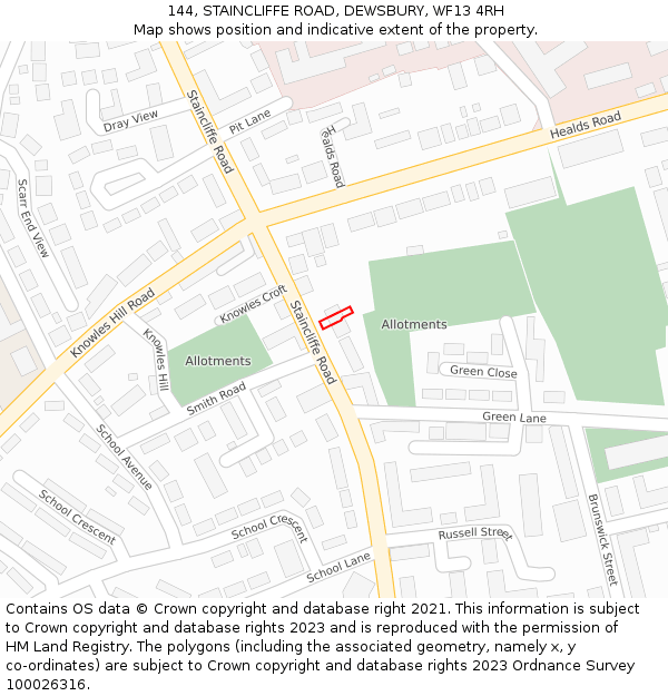 144, STAINCLIFFE ROAD, DEWSBURY, WF13 4RH: Location map and indicative extent of plot
