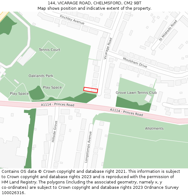 144, VICARAGE ROAD, CHELMSFORD, CM2 9BT: Location map and indicative extent of plot
