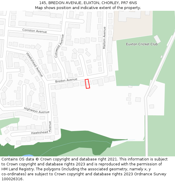 145, BREDON AVENUE, EUXTON, CHORLEY, PR7 6NS: Location map and indicative extent of plot